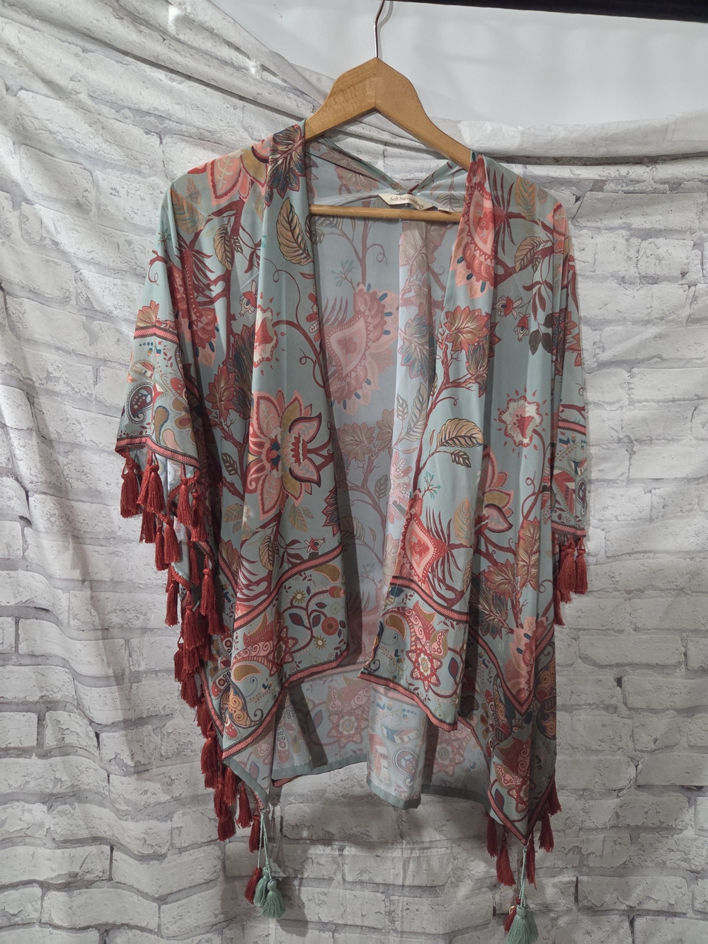 Soft Sirrpundings Bohemian Floral Tassel Kimono - Light Blue and Coral